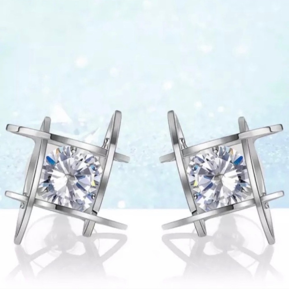 Silver Tone 3D Cage Square and CZ Crystal Earrings